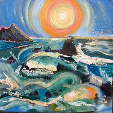 Eccentric oil painting of a sunny seascape on stretched canvas. Oil art sea vibrant colours seaside