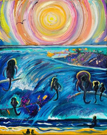 Monkey seascape animal painting artwork art of tropical sea oil arts eccentric colourful picture coa