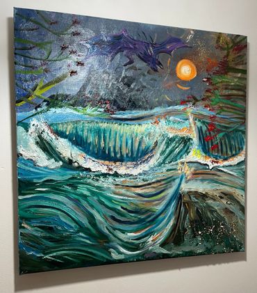 A dragon flying over the ocean. Seascape in oils.