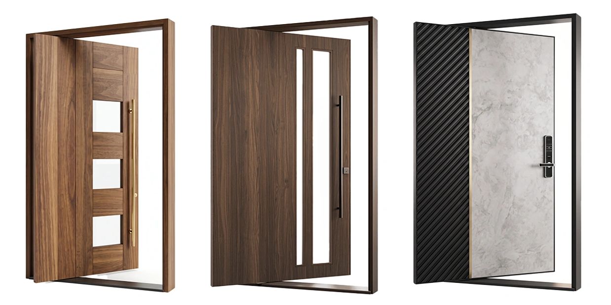 Three modern stylish doors with different designs and finishes.
