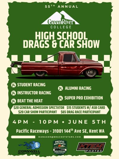 Poster for Green River College's 55th Annual High School Drags & Car Show.