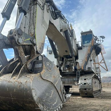 Large excavator machine on a construction site under cloudy sky.