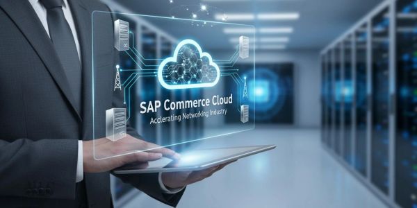 Person holding tablet with SAP Commerce Cloud hologram in data center.