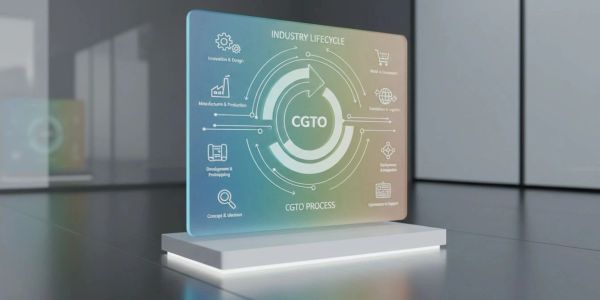 Futuristic digital display showing the CGTO industry lifecycle and process.