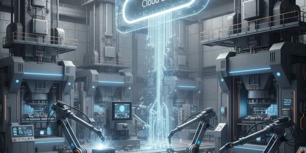 Futuristic factory with robotic arms and holographic cloud data.