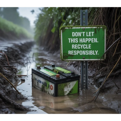 A car battery in muddy water next to a sign urging responsible recycling.