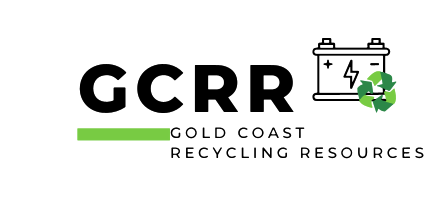 Logo for Gold Coast Recycling Resources featuring a battery and recycle symbol.