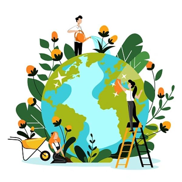 People caring for the Earth by watering and nurturing plants around it.
