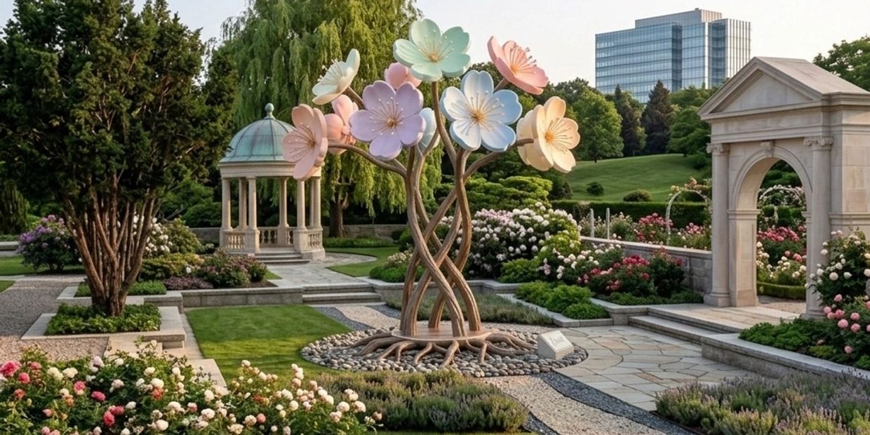 A vibrant garden with a large flower sculpture and classical structures.