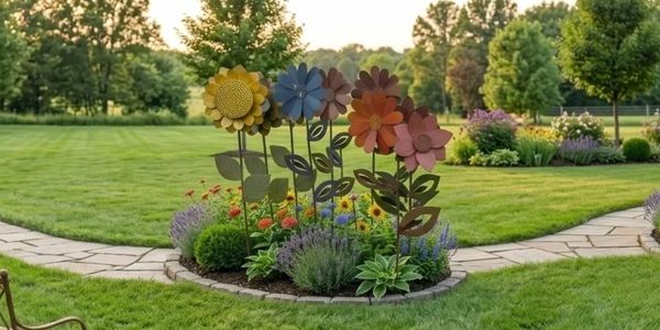 Colorful metal flower sculptures in a garden bed surrounded by green grass and trees.