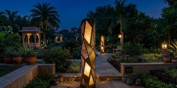 Decorative illuminated garden pathway at night with tropical plants.