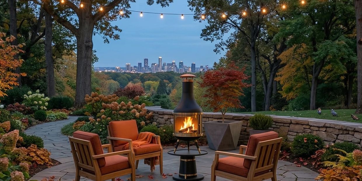 Cozy outdoor seating with a fire pit overlooking a city skyline at dusk.