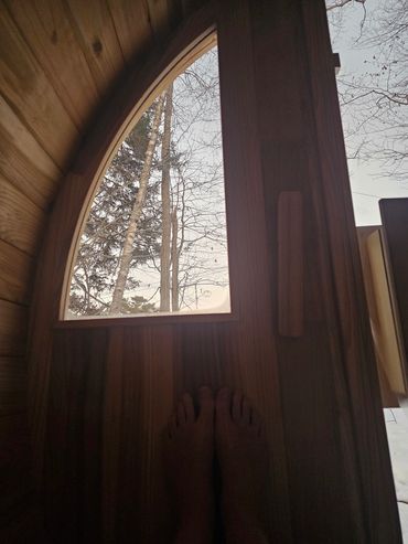 Sauna Time! Looking out a window at bare trees.