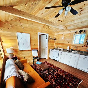 Cozy cabin interior with wooden walls, a leather sofa, and a compact kitchen.
