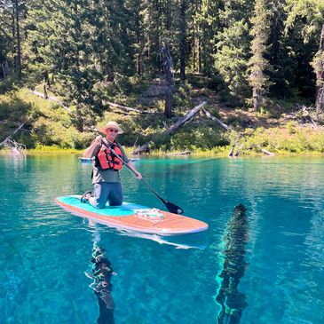 A man kneels on a hardshell paddleboard, gliding over the submerged forest in Clear Lake, McKenzie