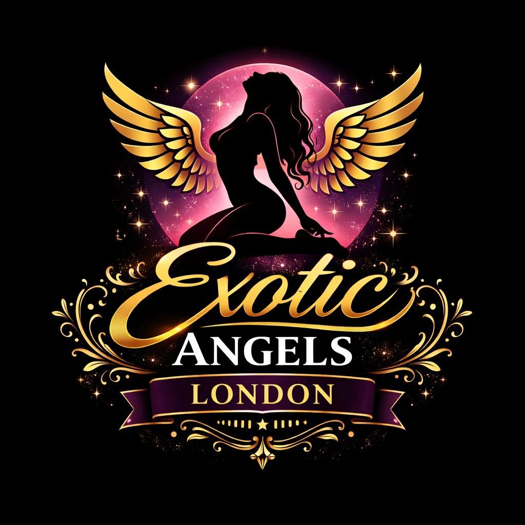 Silhouette of a winged woman with golden wings against a pink glowing backdrop and ornate text.