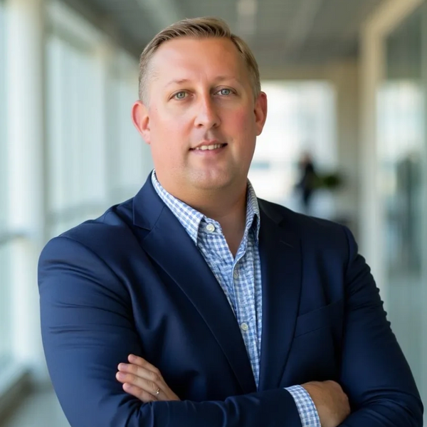 Professional man in a navy blazer with arms crossed, standing in a modern office corridor.