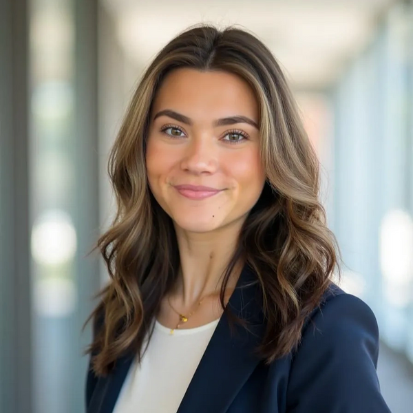 Professional woman with wavy hair smiling confidently in a business setting.