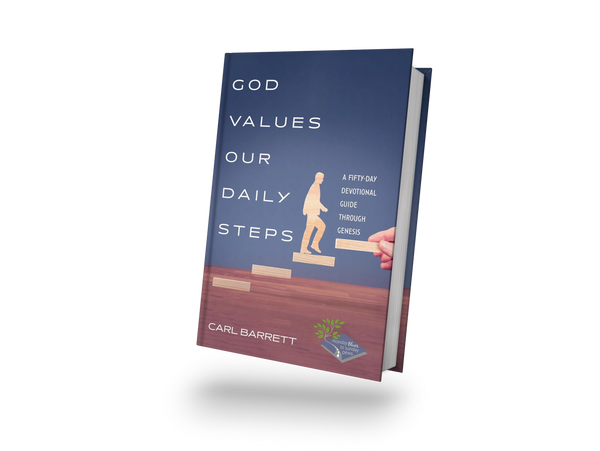 Book titled 'God Values Our Daily Steps' by Carl Barrett with wooden step illustration.