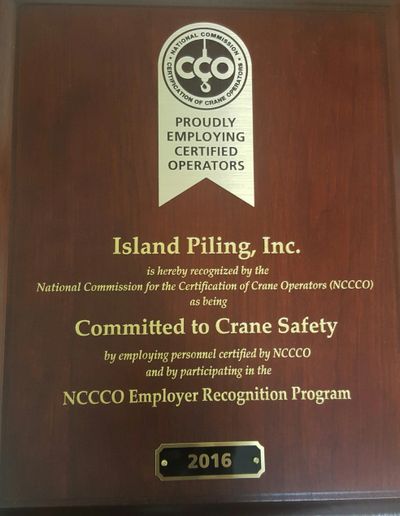 A photo of Island Piling's award for NCCCO Crane Safety Award in 2016.