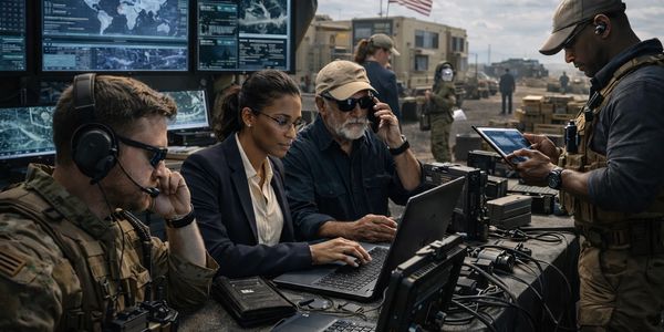 Military team coordinating operations with computers and communication devices.