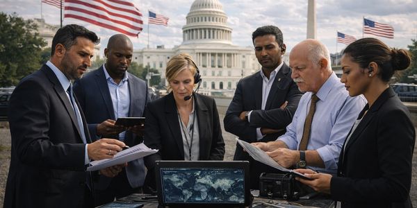 Group of professionals discussing with Capitol building backdrop.