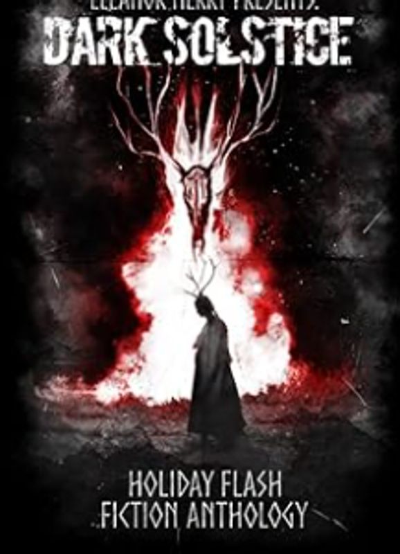 Dark Solstice horror anthology cover with eerie figure and fiery background.