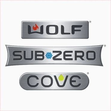 Logos of Wolf, Sub-Zero, and Cove on metallic plates.
