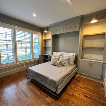 Coastal Murphy bed with wallpaper and lighting 