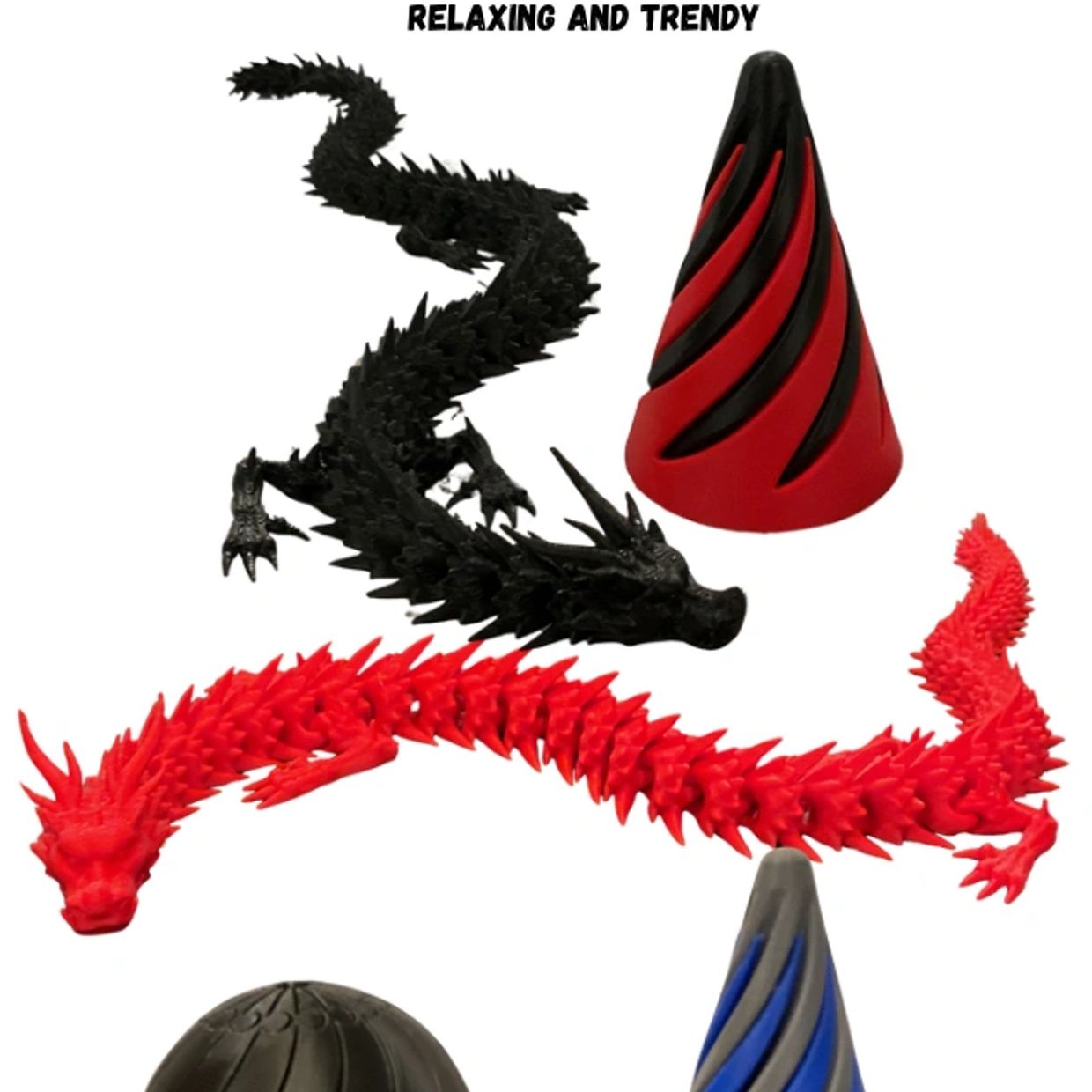 Colorful textured dragon-shaped fidget toys with spiral cones.