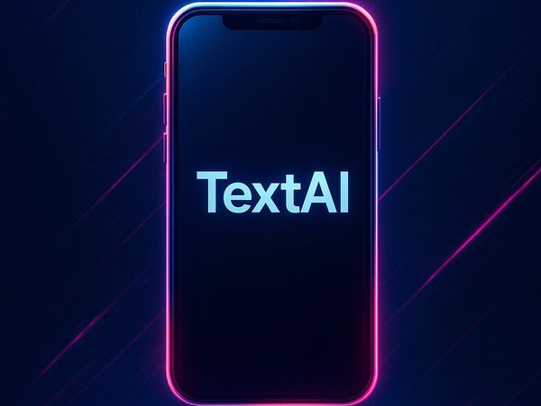 Smartphone displaying TextAI logo with neon glow and website URL.