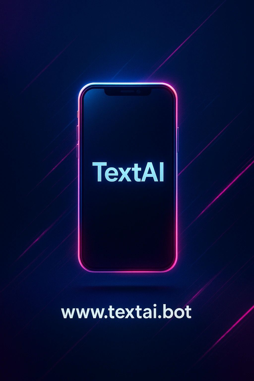 Smartphone with glowing neon edges displaying 'TextAI' and website URL www.textai.bot.