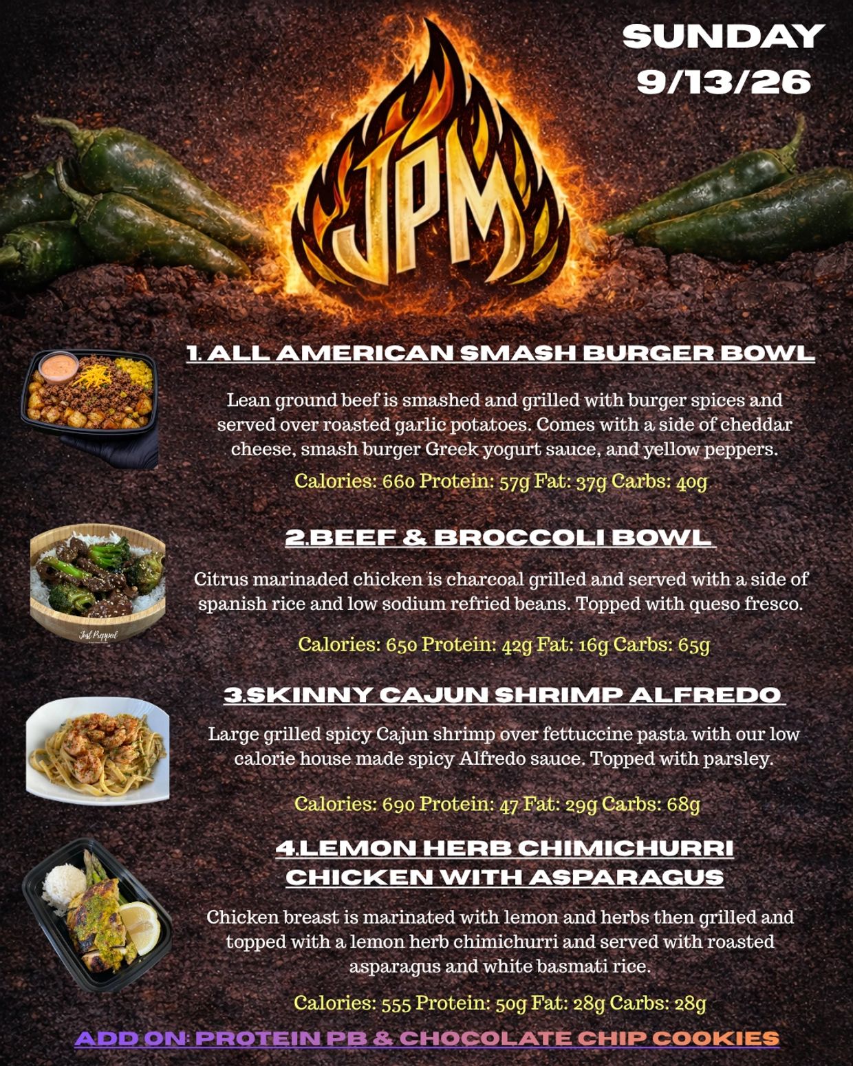 Menu featuring four protein-focused bowls with nutrition info for Sunday 9/13/26.