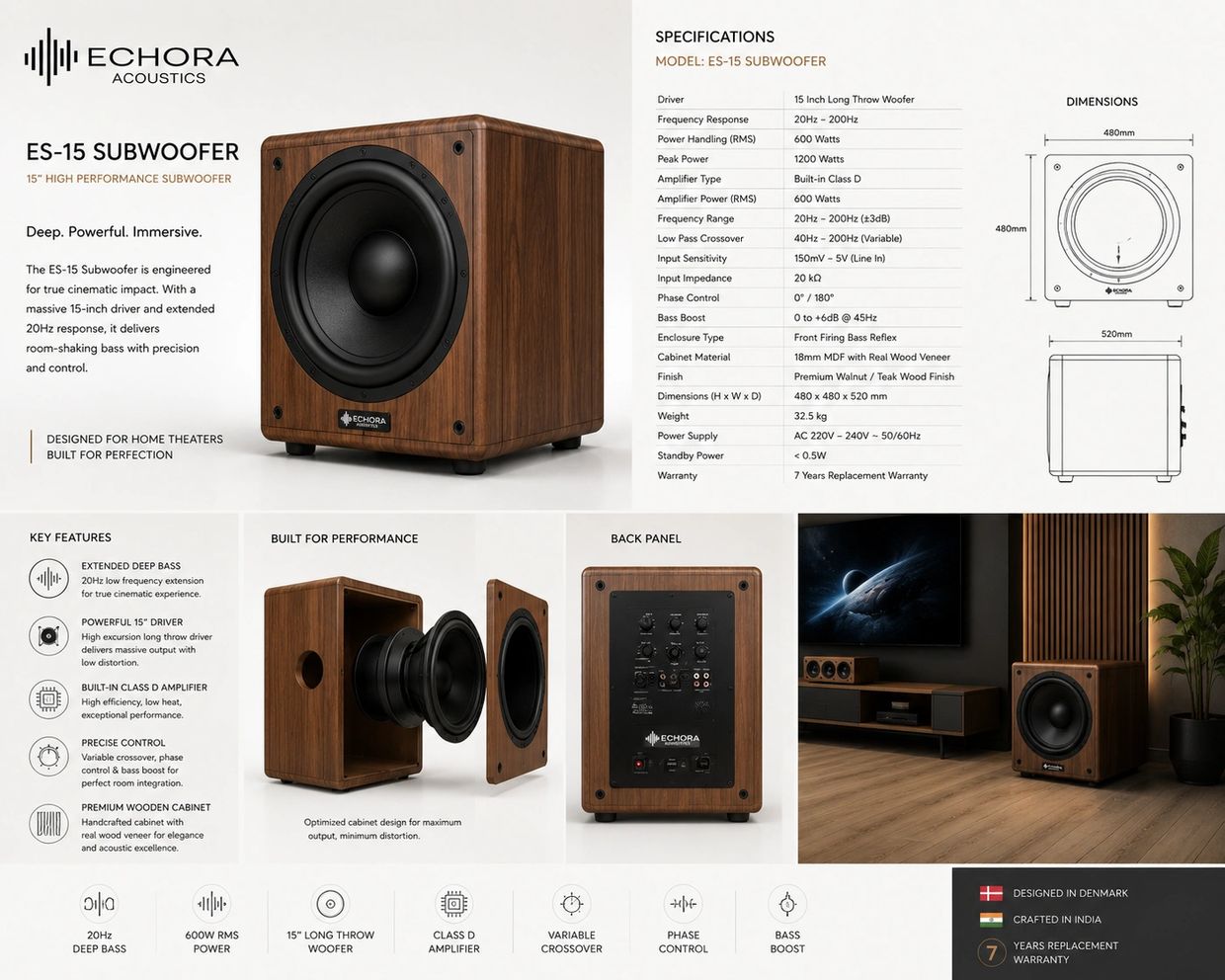 Echora ES-15 Subwoofer with 15-inch driver, premium wood finish, and powerful 600W RMS output.