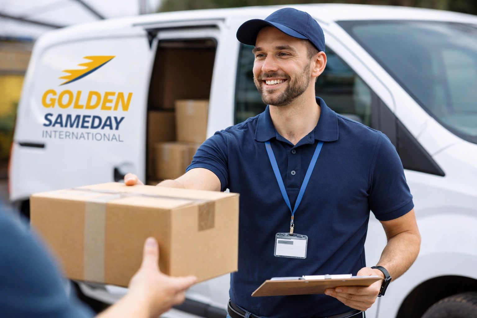 Smiling delivery man hands over a package from a van.