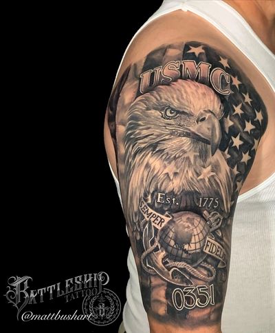 Black and Grey Tattoo of Bald Eagle, Semper Fi and USMC, Artist Matt Bushart