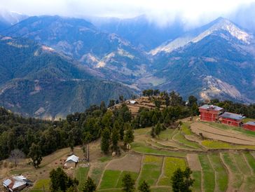 Drone shot of Colonel's Highland Retreat Hotel near Barot in Himachal Pradesh, India