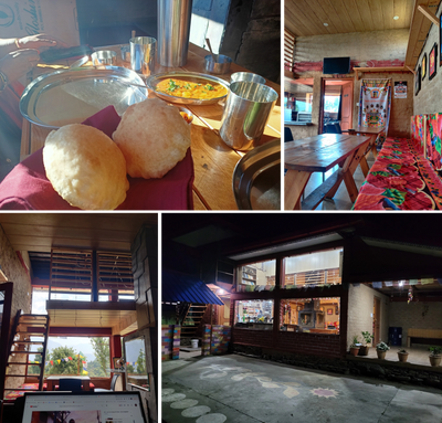 Food and dining area at Colonel's Highland Retreat Hotel near Barot in Himachal Pradesh, India