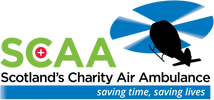 SCAA logo with a red cross and a blue helicopter silhouette, tagline saving time, saving lives.