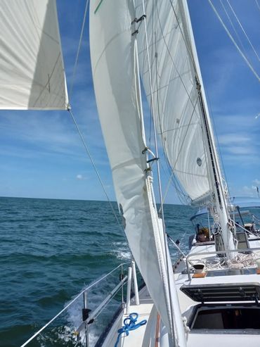 Courageous sailboat under full sail on the Gulf of America during a private charter.