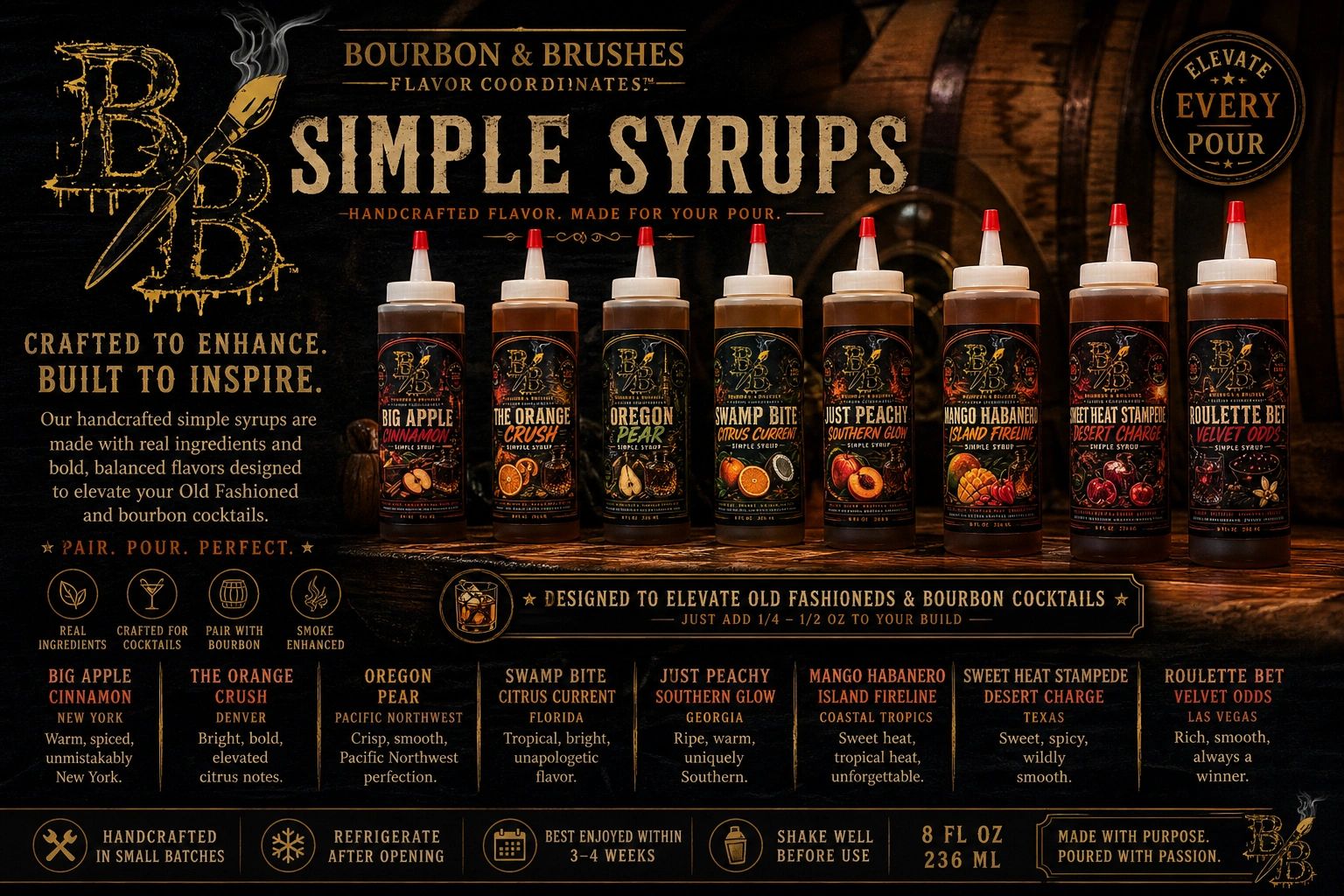 Bourbon & Brushes handcrafted simple syrups designed to elevate bourbon cocktails with bold, balanced flavors.