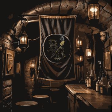 Dimly lit rustic bar with vintage lanterns and a branded banner.