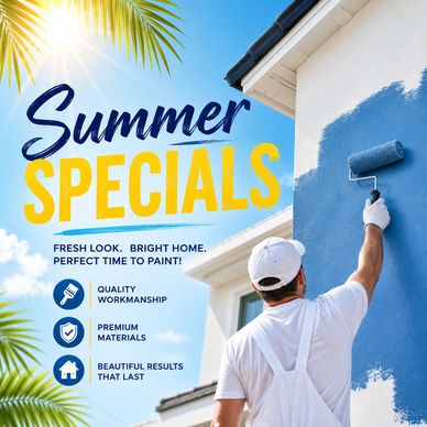 Painter applying blue paint on a house exterior during summer specials.