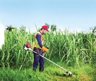 A man trimming grass with a brush cutter in a field.