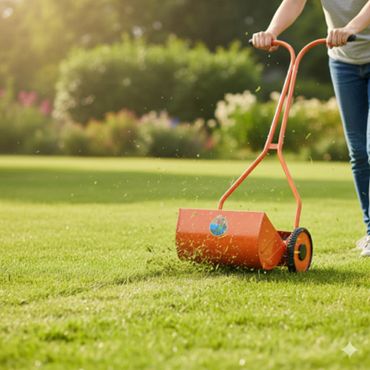 Person using a manual lawn mower on a sunny day.