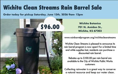 Advertisement for Wichita Clean Streams rain barrel sale with price and pickup details.