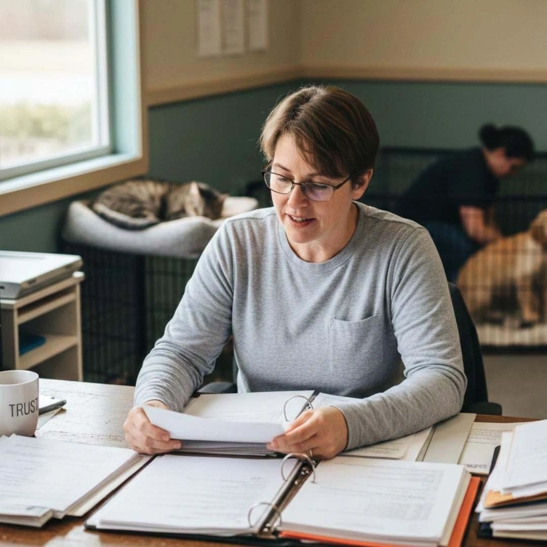 Woman organizing paperwork at a desk with pets resting in the background.