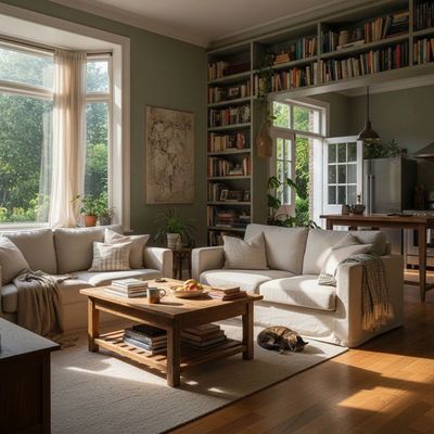 Cozy living room with two sofas, wooden coffee table, and sunlight streaming in.