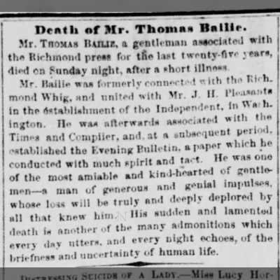 Death of Mr.Thomas Bailie.
Article in the Richmond Dispatch,Tuesday Morning, August 4, 1857