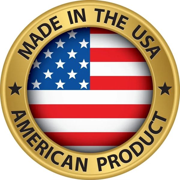 Gold badge with USA flag stating 'Made in the USA, American Product'.